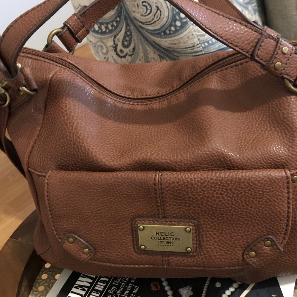 Relic Brown Pebbled Leather Shoulder Bag with Brass Plate
